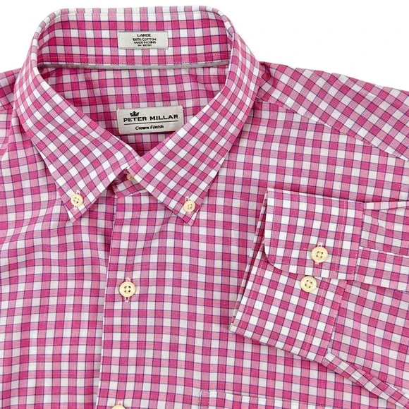 Peter Millar‎ Crown Finish Shirt Mens Large Pink White Gingham Plaid Button Down - Picture 1 of 9